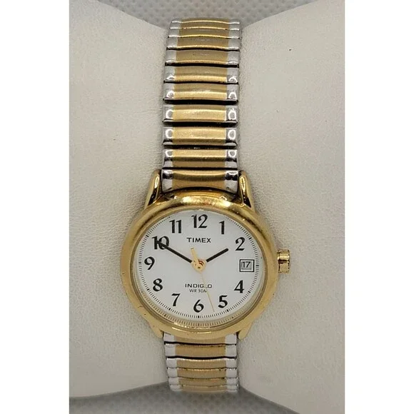 Women's Timex Indiglo White Dial Gold Tone Case Two-Tone Expansion Band Watch 01 - Picture 4 of 8
